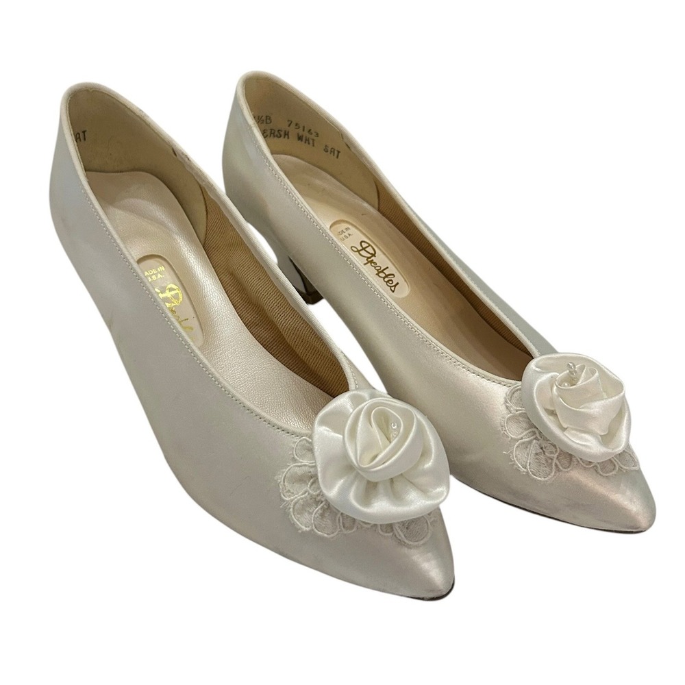 Vintage Dyeables Cherish White Satin Rosette Lace Pearl Kitten Heels Romantic